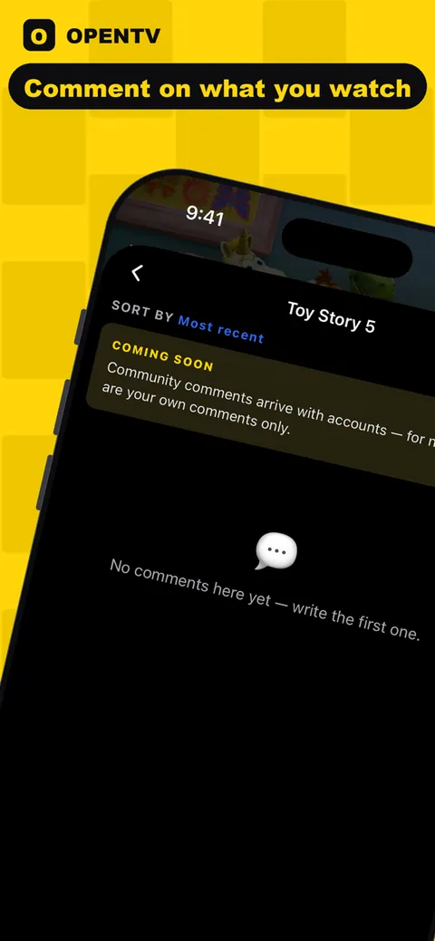 App Store frame: 'Comment on what you watch.' The comments page for Toy Story 5, empty, inviting the first comment.