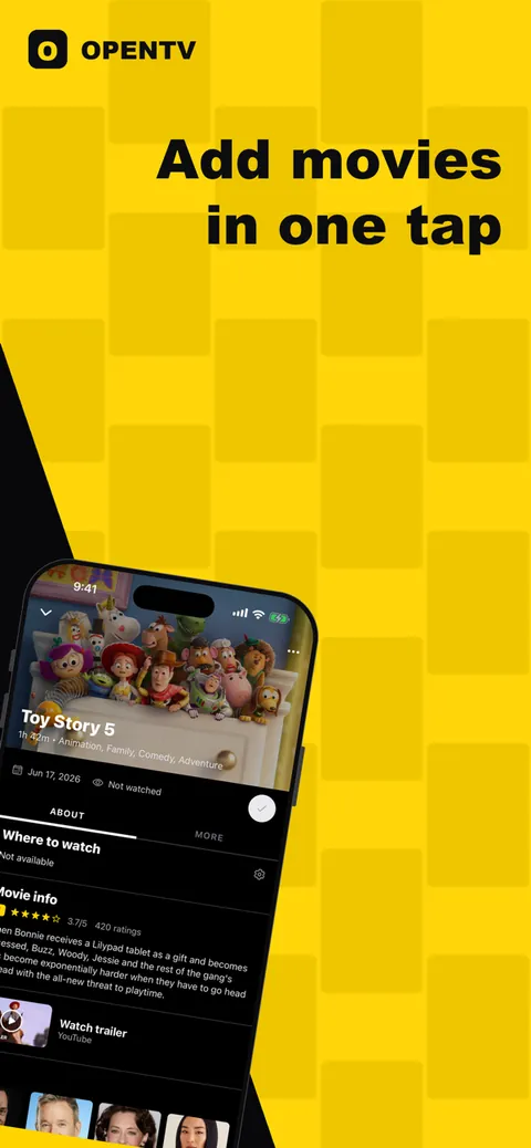 App Store frame: 'Add movies in one tap.' The Toy Story 5 page with runtime, genres, release date, a watched toggle, where to watch, and a trailer.