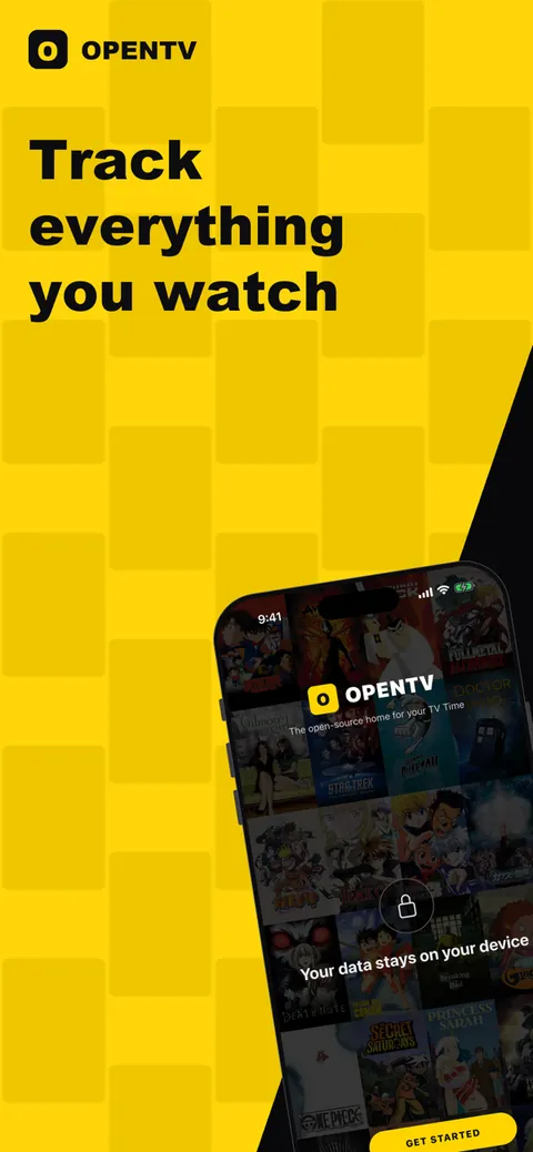 App Store frame: 'Track everything you watch.' The OpenTV welcome screen over show posters.