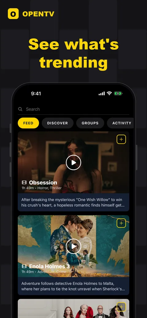 App Store frame: 'See what's trending.' The feed with search, FEED / DISCOVER / GROUPS / ACTIVITY tabs and film cards with trailers.